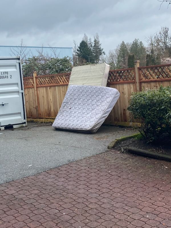 Mattress and box spring on a driveway ready for junk removal pickup