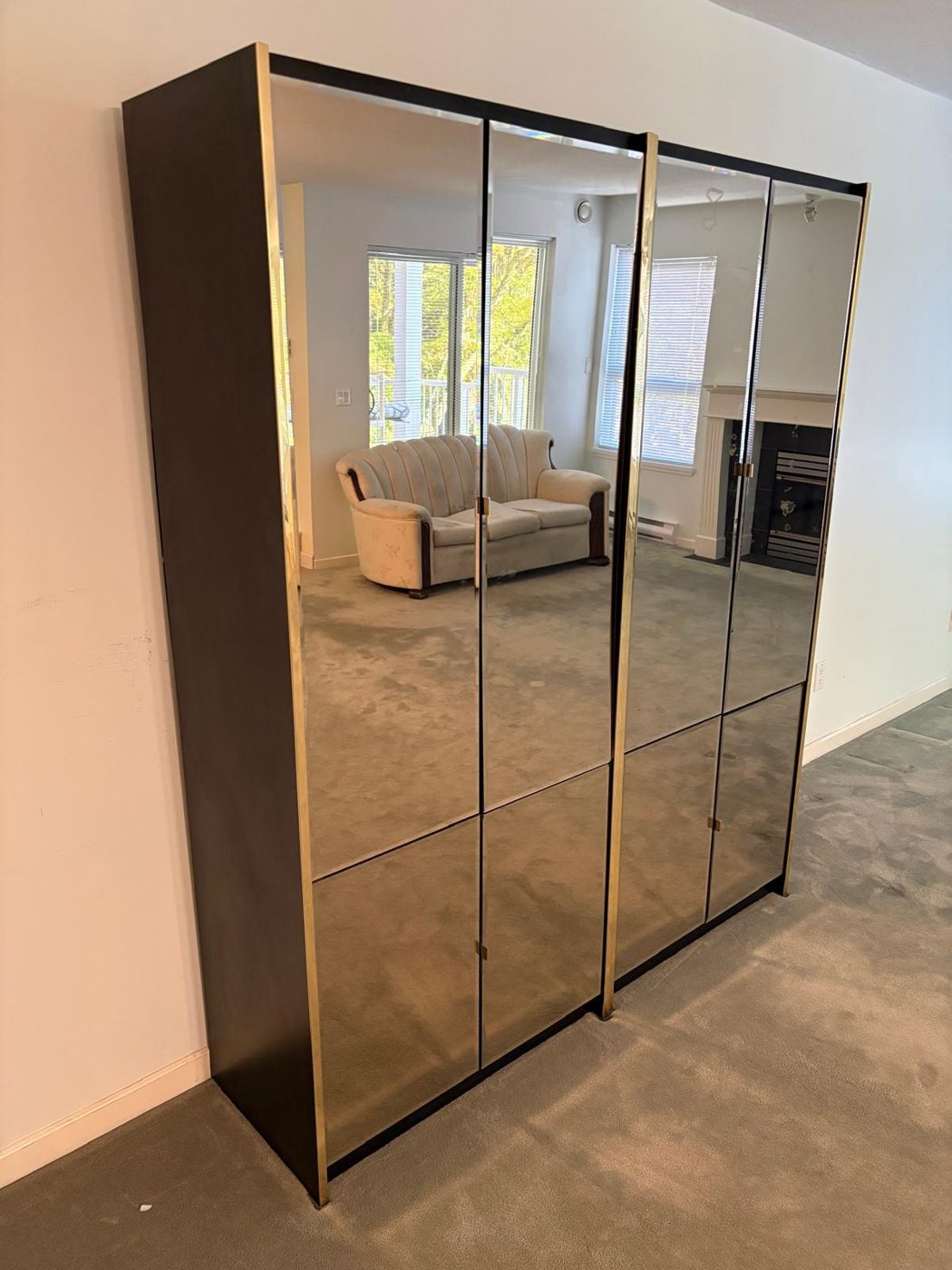 Tall dark cabinet with mirrored doors ready for furniture removal in Surrey